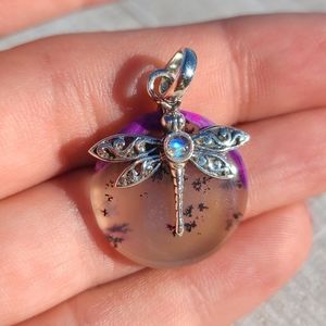 SOLD Dragonfly - Purple Dendritic Opal & Rainbow Moonstone 925 Pendant